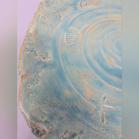 Coastal Ceramic Art Piece Plate in Teal and Tan Stamped Starfish & Sea Shells - Picture 4 of 11